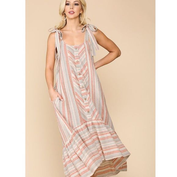 Textured Stripe Ruffle Hem Midi Dress Shoulder Tie Gigio - Picture 3 of 5